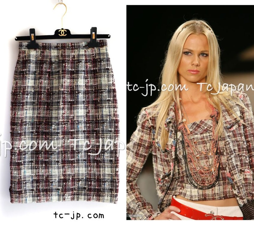 CHANEL 08C Beige Maroon Red Multicolor Tweed Skirt 36 シャネル ベージュ マルーン レッド マルチカラー ツイード スカート 即発 - TC JAPAN