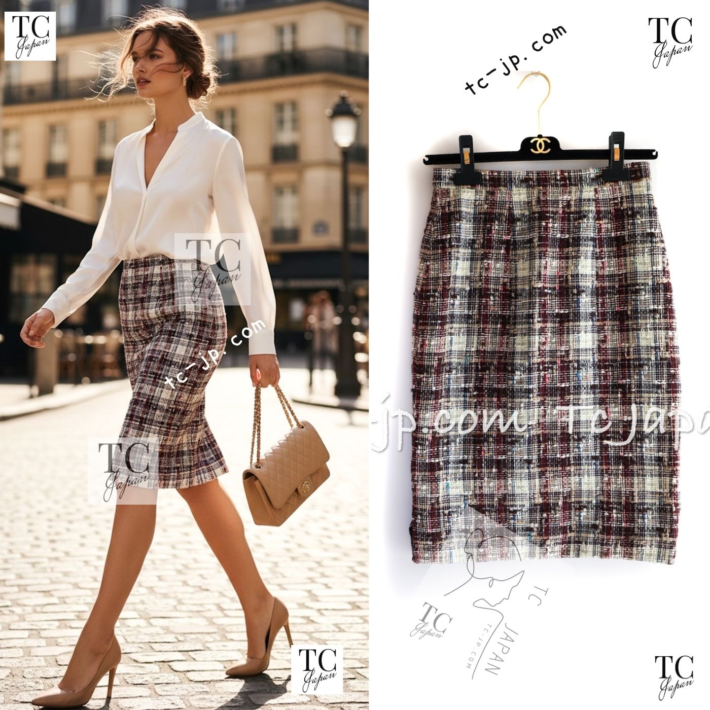 CHANEL 08C Beige Maroon Red Multicolor Tweed Skirt 36 シャネル ベージュ マルーン レッド マルチカラー ツイード スカート 即発