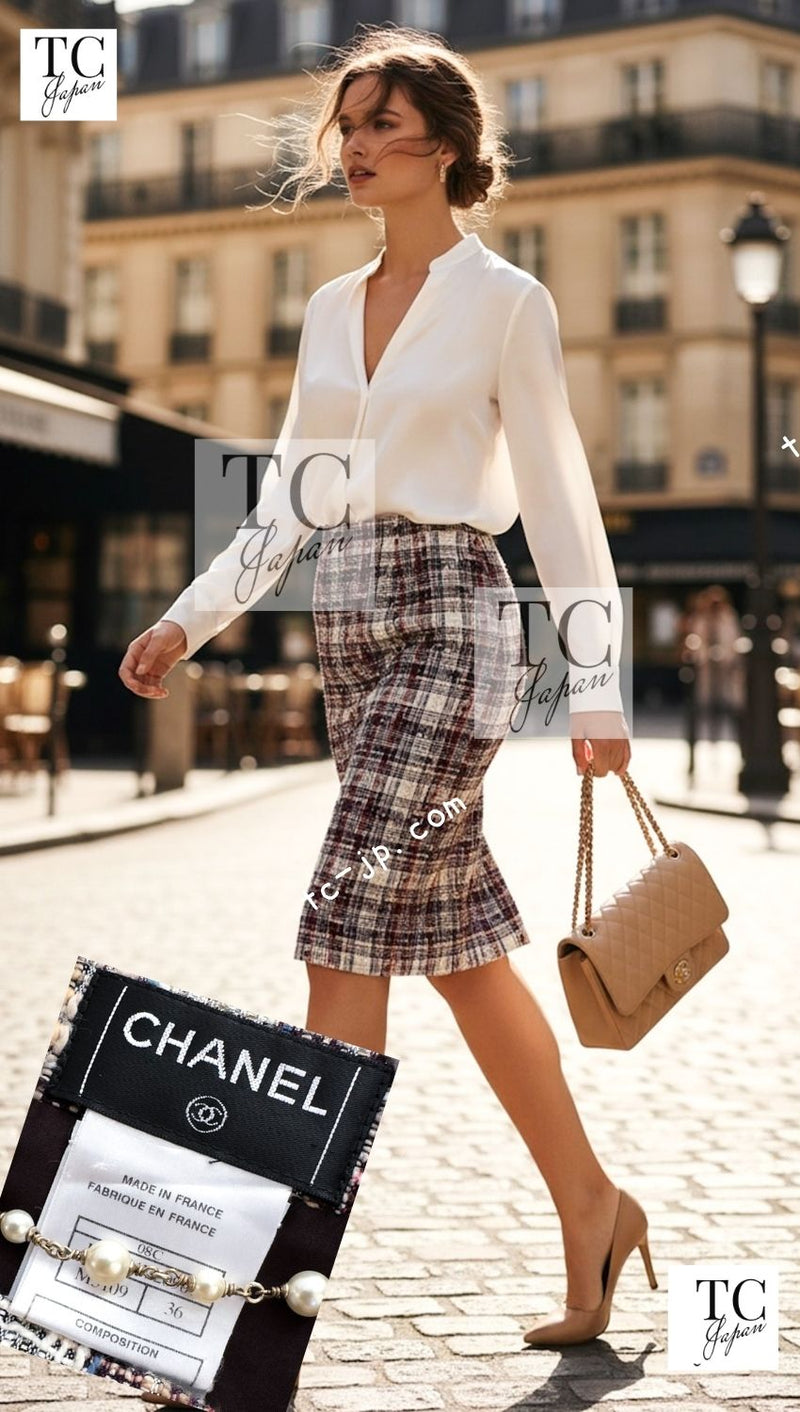 CHANEL 08C Beige Maroon Red Multicolor Tweed Skirt 36 シャネル ベージュ マルーン レッド マルチカラー ツイード スカート 即発