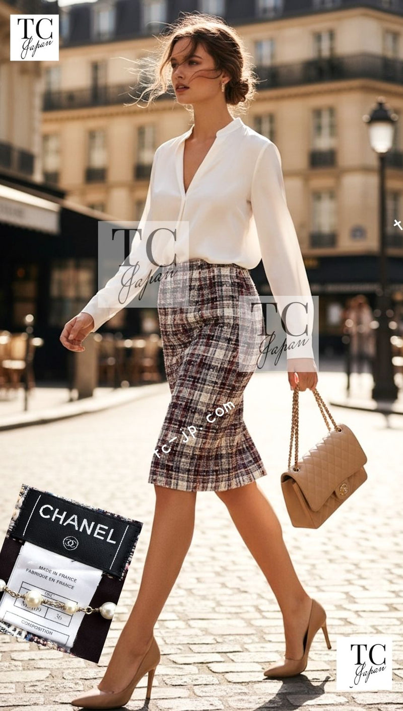CHANEL 08C Beige Maroon Red Multicolor Tweed Skirt 36 シャネル ベージュ マルーン レッド マルチカラー ツイード スカート 即発 - TC JAPAN