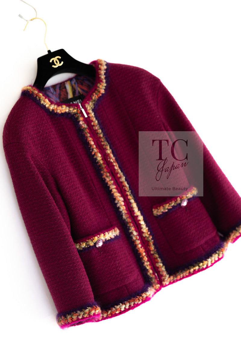 CHANEL 14A Wine Magenta Plum Wool Tweed Zipper Jacket 36 シャネル ワイン マゼンタ プラム ウール ツイード ジッパー ジャケット 即発