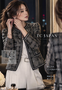 CHANEL 06PF Camellia Gray Navy Cotton Silk Gripoix Button Collarless Tweed Jacket 34 6