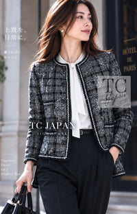 CHANEL 06PF Camellia Gray Navy Cotton Silk Gripoix Button Collarless Tweed Jacket 34 11
