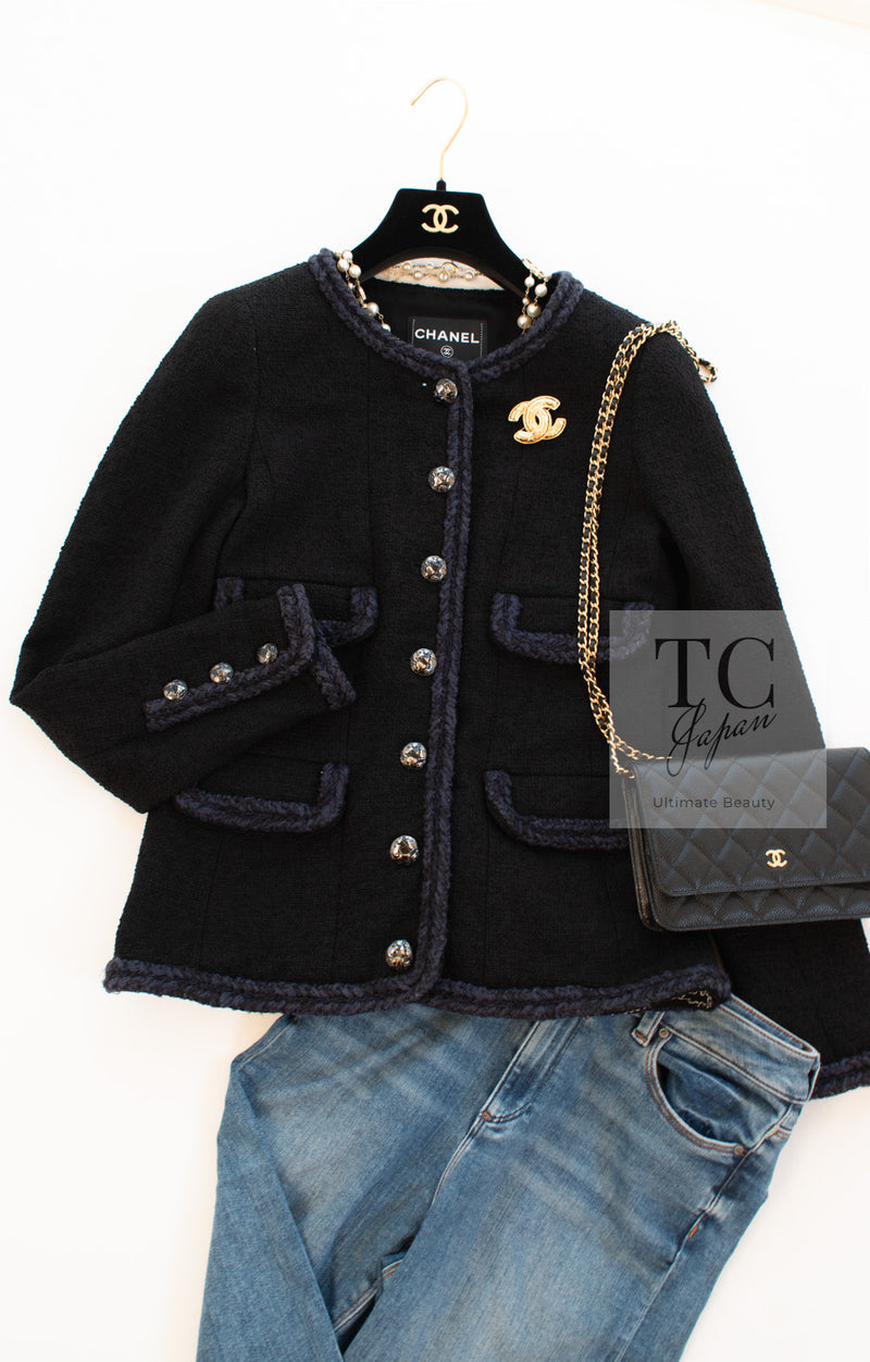 CHANEL 13A Little Black Jacket Navy Braid Trim Wool Silk Tweed 36 38 シャネル リトル ブラック ジャケット ネイビー ブレイド トリム ウール シルク ツイード 女優 チェ・ジュウ 即発