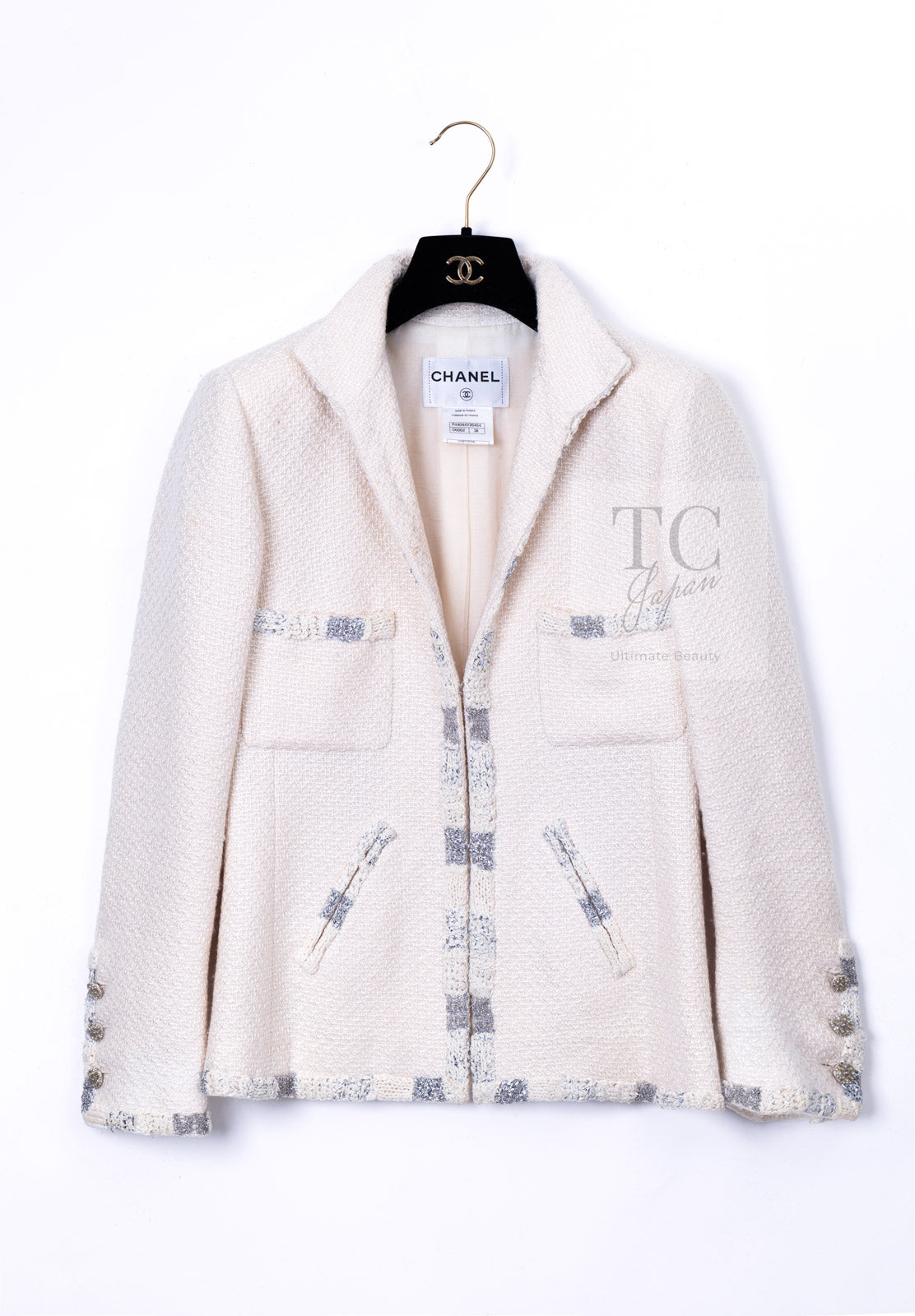 CHANEL 12PF Ivory Silver Metallic Trim Silk Wool Tweed Jacket 38 シャネル アイボリー シルバー メタリック トリム シルク ウール ツイード ジャケット 即発