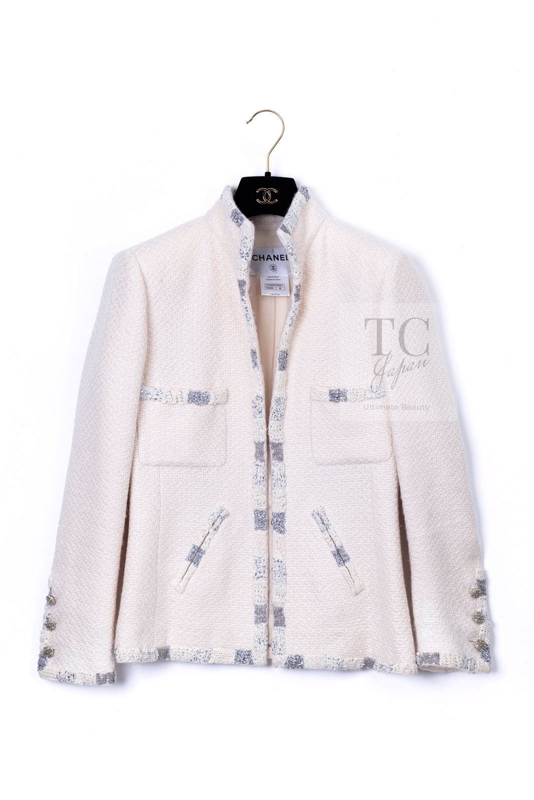 CHANEL 12PF Ivory Silver Metallic Trim Silk Wool Tweed Jacket 38 シャネル アイボリー シルバー メタリック トリム シルク ウール ツイード ジャケット 即発