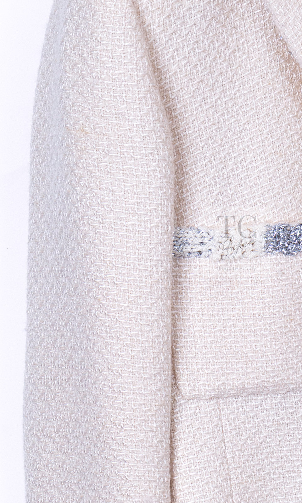 CHANEL 12PF Ivory Silver Metallic Trim Silk Wool Tweed Jacket 38 シャネル アイボリー シルバー メタリック トリム シルク ウール ツイード ジャケット 即発