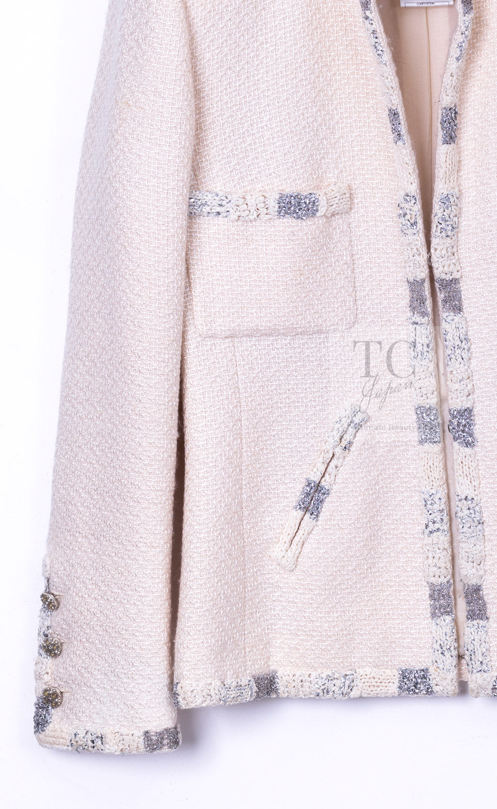 CHANEL 12PF Ivory Silver Metallic Trim Silk Wool Tweed Jacket 38 シャネル アイボリー シルバー メタリック トリム シルク ウール ツイード ジャケット 即発