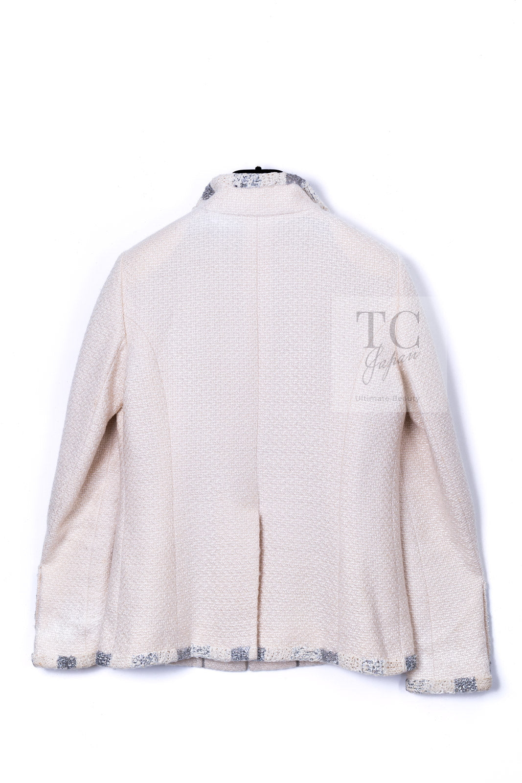 CHANEL 12PF Ivory Silver Metallic Trim Silk Wool Tweed Jacket 38 シャネル アイボリー シルバー メタリック トリム シルク ウール ツイード ジャケット 即発