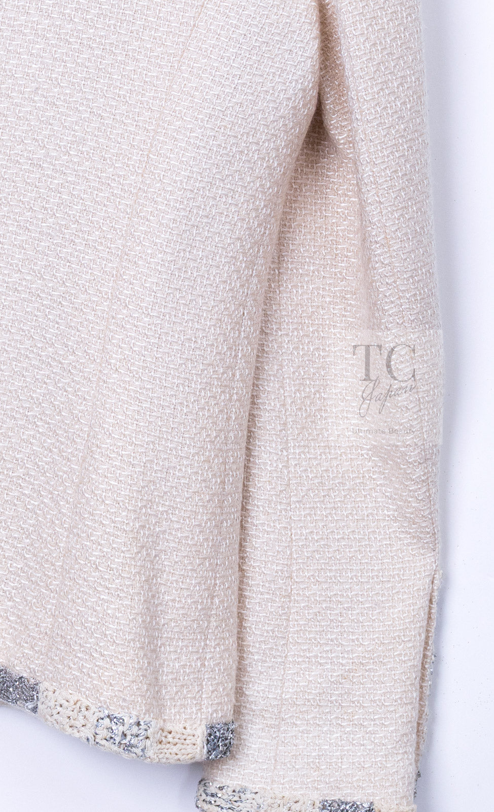 CHANEL 12PF Ivory Silver Metallic Trim Silk Wool Tweed Jacket 38 シャネル アイボリー シルバー メタリック トリム シルク ウール ツイード ジャケット 即発