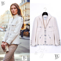 CHANEL 12PF Ivory Silver Metallic Trim Silk Wool Tweed Jacket 38 シャネル アイボリー シルバー メタリック トリム シルク ウール ツイード ジャケット 即発