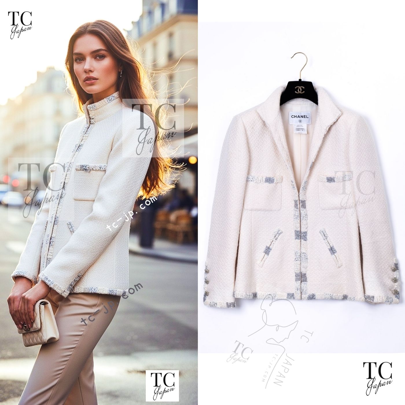 CHANEL 12PF Ivory Silver Metallic Trim Silk Wool Tweed Jacket 38 シャネル アイボリー シルバー メタリック トリム シルク ウール ツイード ジャケット 即発