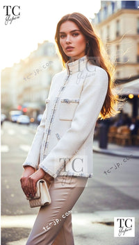 CHANEL 12PF Ivory Silver Metallic Trim Silk Wool Tweed Jacket 38 シャネル アイボリー シルバー メタリック トリム シルク ウール ツイード ジャケット 即発