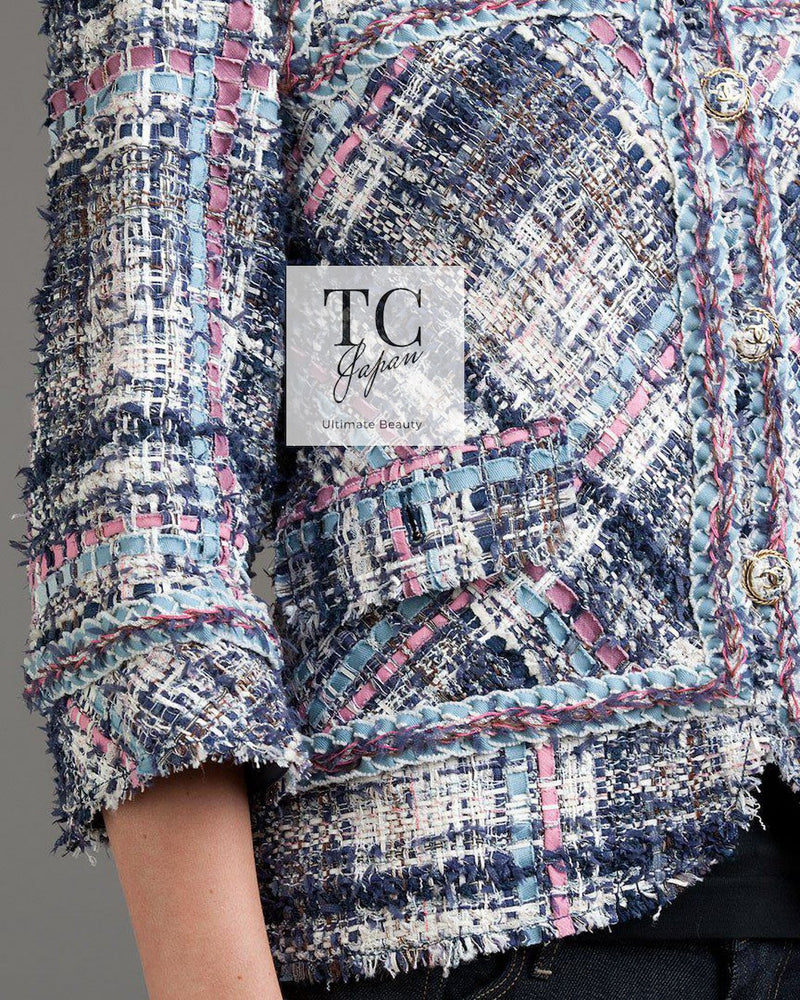 CHANEL 07S Blue Denim Pink Ribbon Mix Cotton Lesage Tweed Jacket 38 シャネル ブルー デニム ピンク リボン ミックス コットン ルサージュ ジャケット 即発