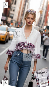 CHANEL 13S White Red Navy Quilted Trim Cropped Mesh Jacket 34 36 シャネル ホワイト レッド ネイビー トリム クロップド メッシュ ジャケット 即発