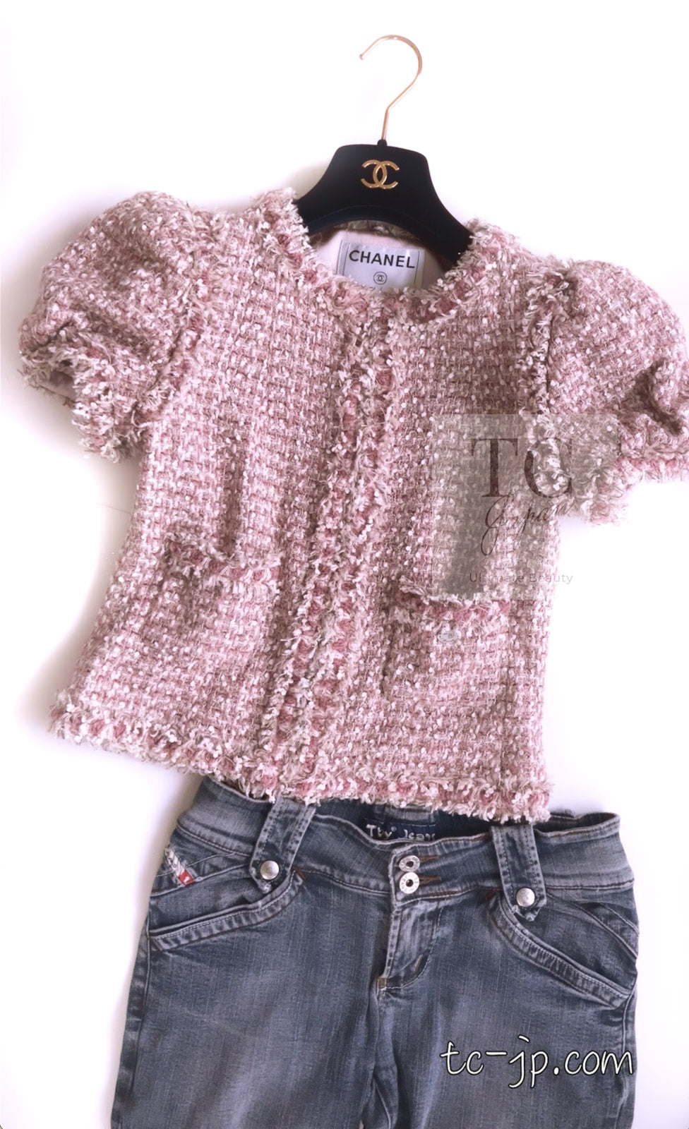 CHANEL 06C Pink Beige Puff Sleeve Tweed Zipper Jacket Cardigan 38 シャネル ピンク ベージュ ジッパー ツイード ジャケット カーディガン 即発
