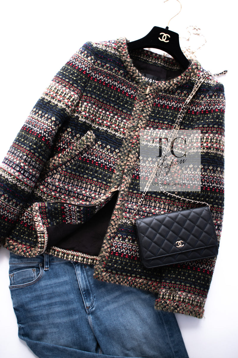 CHANEL 15PF Beige Green Black Multi Tweed Jacket 38 シャネル ベージュ グリーン ブラック マルチカラー ツイード ジャケット 即発