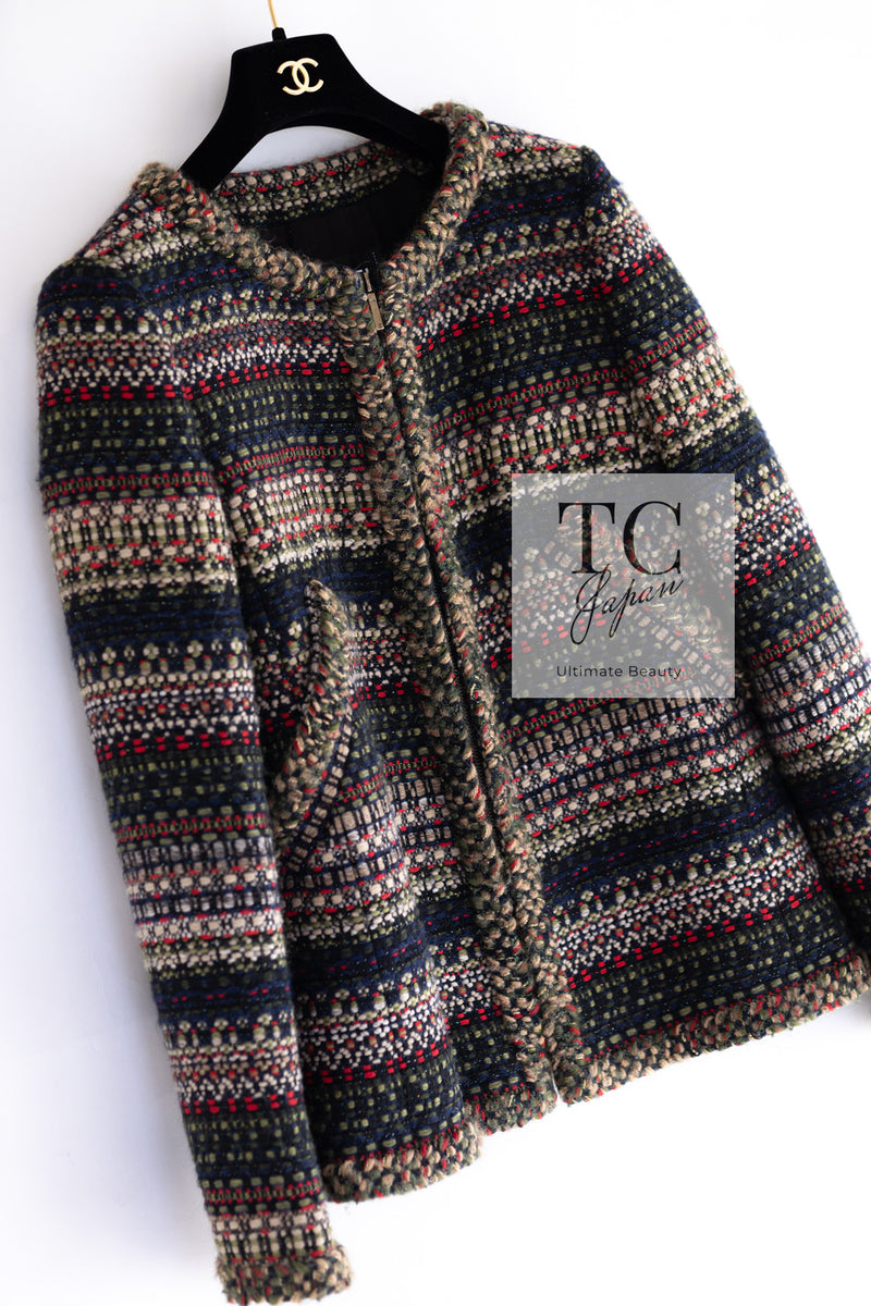 CHANEL 15PF Beige Green Black Multi Tweed Jacket 38 シャネル ベージュ グリーン ブラック マルチカラー ツイード ジャケット 即発