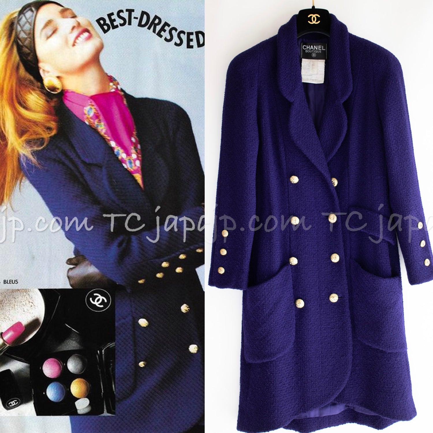 CHANEL 91A Vintage Dark Purple Wool Tweed Double Jacket Coat 34 36 シャネル ヴィンテージ レッド ウール ツイード ダブル ジャケット コート 即発
