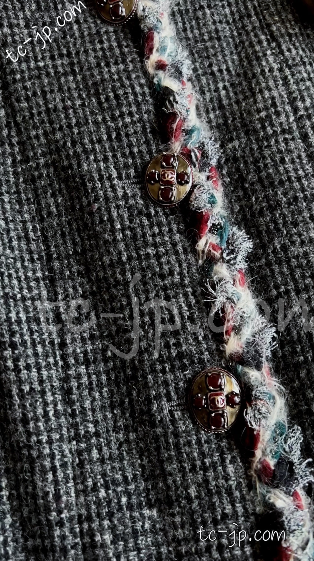 CHANEL 13PF Edinburgh Gray Trim Wool Tweed Jacket 34 シャネル グレー トリミング ウール 100% ツイード ジャケット 即発