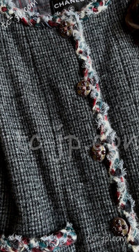 CHANEL 13PF Edinburgh Gray Trim Wool Tweed Jacket 34 シャネル グレー トリミング ウール 100% ツイード ジャケット 即発