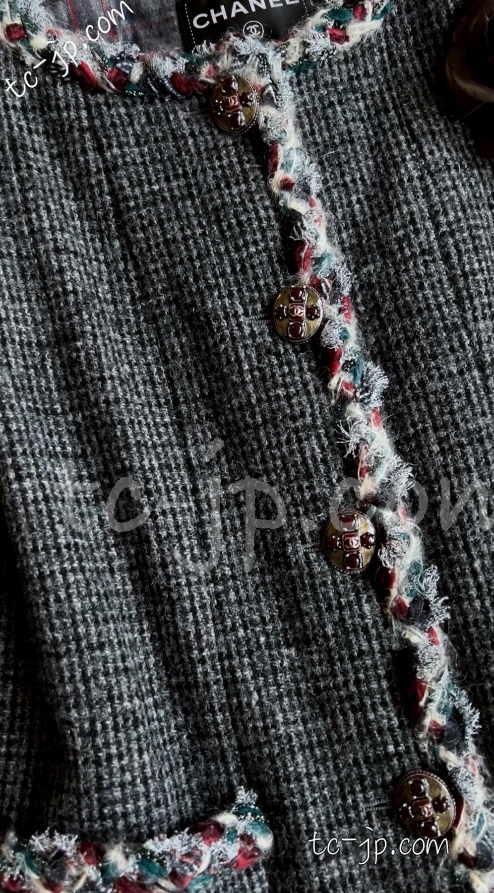 CHANEL 13PF Edinburgh Gray Trim Wool Tweed Jacket 34 シャネル グレー トリミング ウール 100% ツイード ジャケット 即発