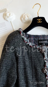 CHANEL 13PF Edinburgh Gray Trim Wool Tweed Jacket 34 シャネル グレー トリミング ウール 100% ツイード ジャケット 即発