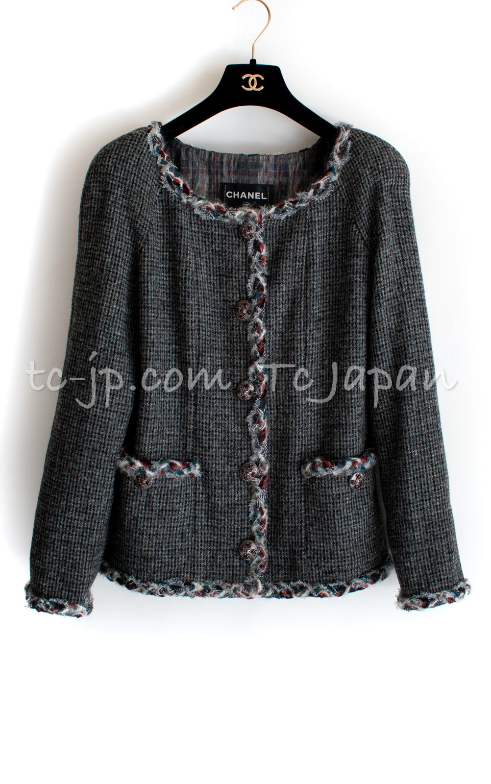 CHANEL 13PF Edinburgh Gray Trim Wool Tweed Jacket 34 シャネル グレー トリミング ウール 100% ツイード ジャケット 即発
