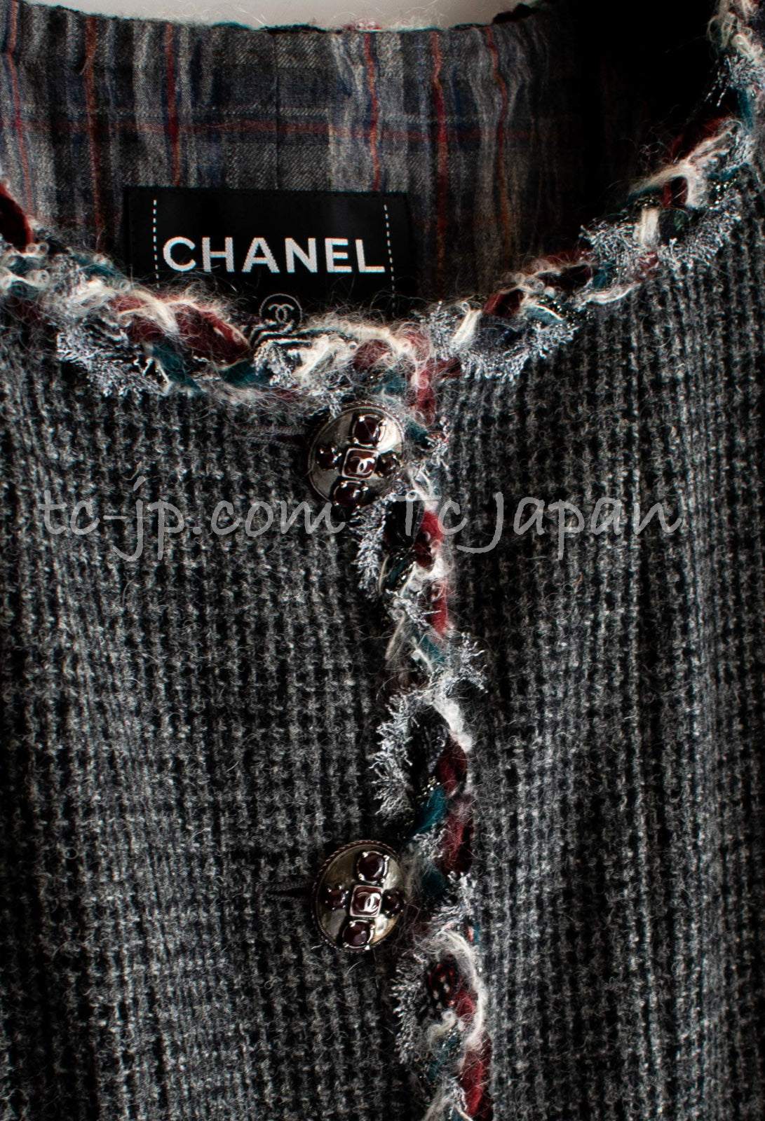 CHANEL 13PF Edinburgh Gray Trim Wool Tweed Jacket 34 シャネル グレー トリミング ウール 100% ツイード ジャケット 即発
