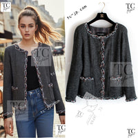 CHANEL 13PF Edinburgh Gray Trim Wool Tweed Jacket 34 シャネル グレー トリミング ウール 100% ツイード ジャケット 即発