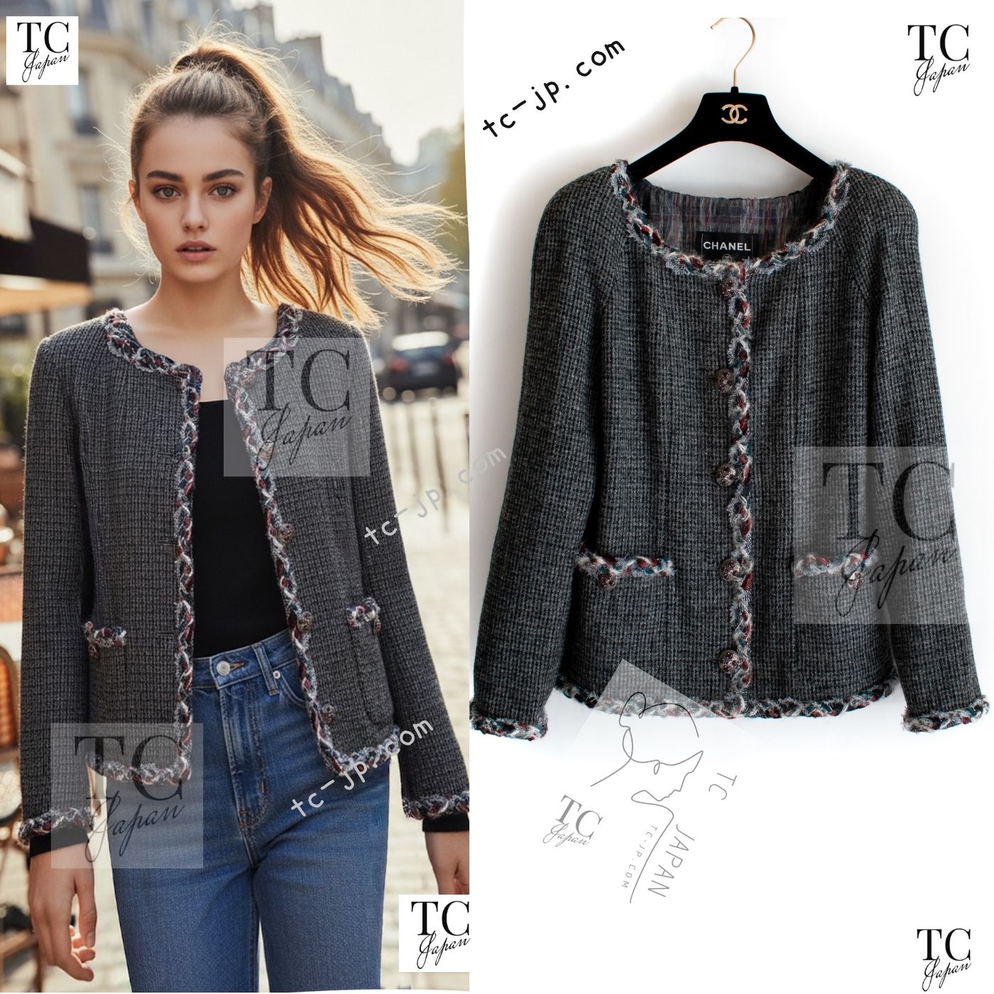 CHANEL 13PF Edinburgh Gray Trim Wool Tweed Jacket 34 シャネル グレー トリミング ウール 100% ツイード ジャケット 即発