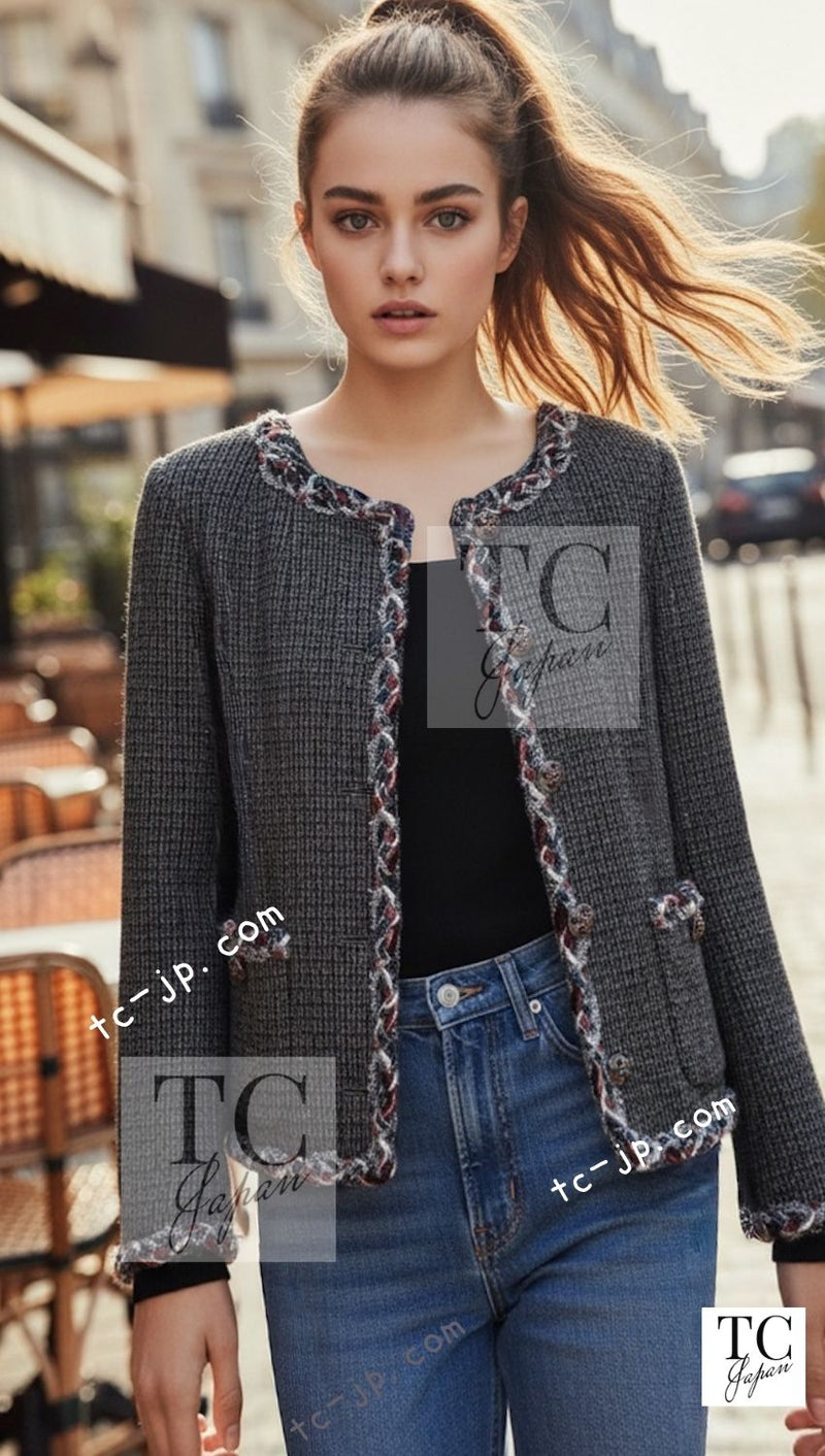CHANEL 13PF Edinburgh Gray Trim Wool Tweed Jacket 34 シャネル グレー トリミング ウール 100% ツイード ジャケット 即発 - TC JAPAN