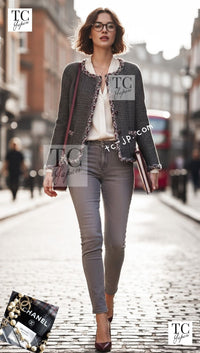 CHANEL 13PF Edinburgh Gray Trim Wool Tweed Jacket 34 シャネル グレー トリミング ウール 100% ツイード ジャケット 即発
