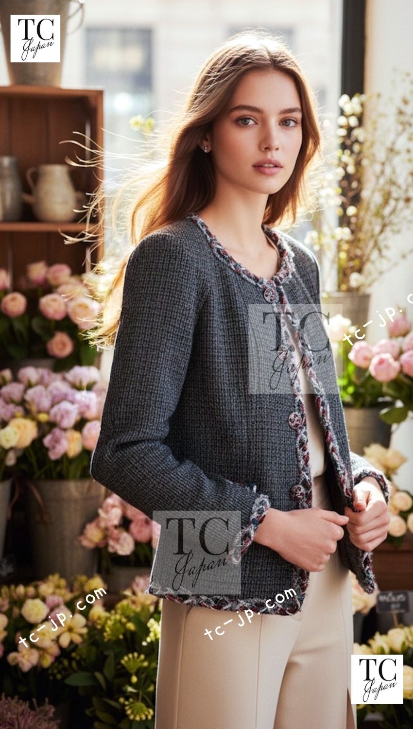 CHANEL 13PF Edinburgh Gray Trim Wool Tweed Jacket 34 シャネル グレー トリミング ウール 100% ツイード ジャケット 即発