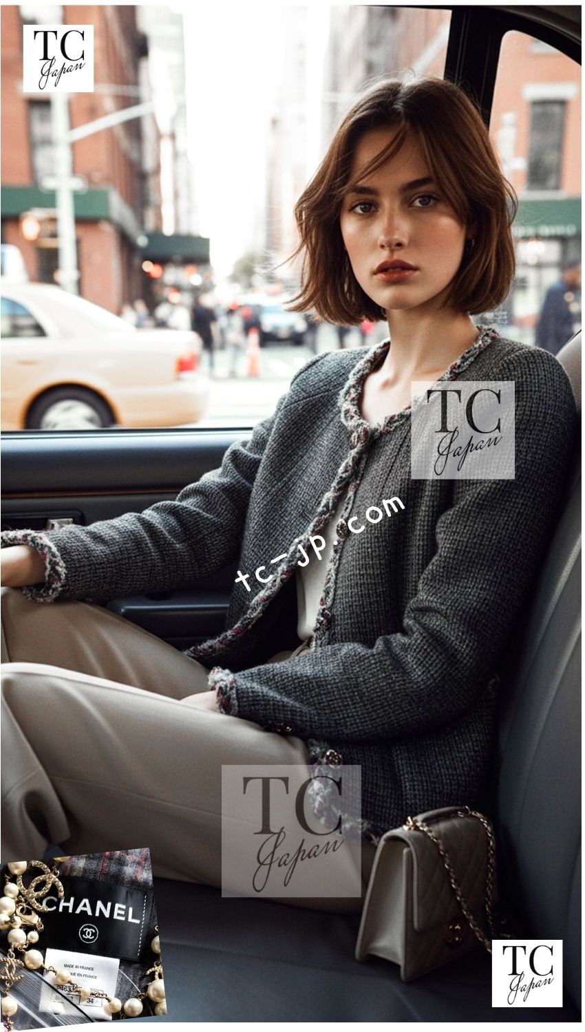 CHANEL 13PF Edinburgh Gray Trim Wool Tweed Jacket 34 シャネル グレー トリミング ウール 100% ツイード ジャケット 即発
