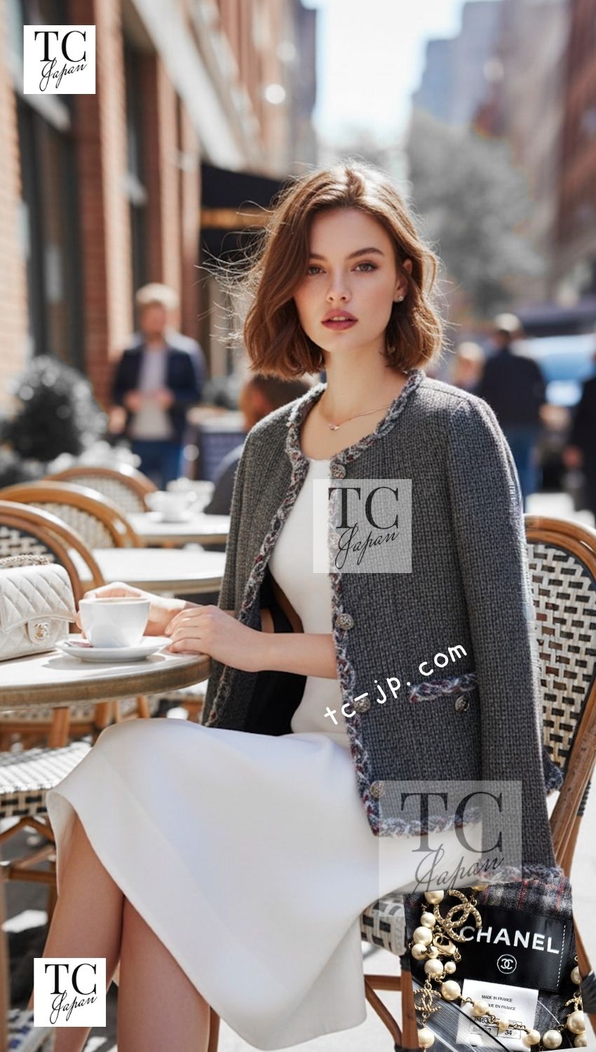 CHANEL 13PF Edinburgh Gray Trim Wool Tweed Jacket 34 シャネル グレー トリミング ウール 100% ツイード ジャケット 即発
