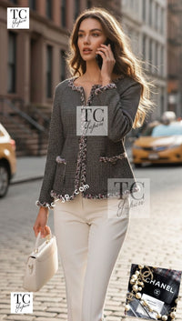 CHANEL 13PF Edinburgh Gray Trim Wool Tweed Jacket 34 シャネル グレー トリミング ウール 100% ツイード ジャケット 即発