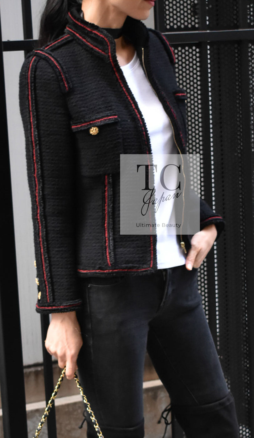 シャネル ジャケット CHANEL ブラック レッド トリム ウール ジッパー ツイード ロマノフ スタンド襟 42