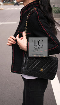 シャネル ジャケット CHANEL ブラック レッド トリム ウール ジッパー ツイード ロマノフ スタンド襟 42