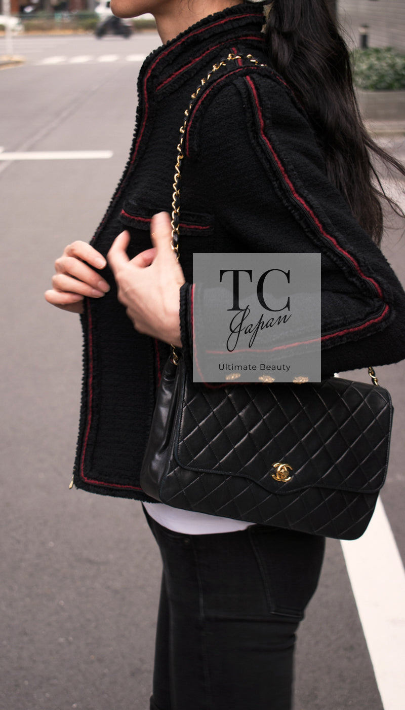 シャネル ジャケット CHANEL ブラック レッド トリム ウール ジッパー ツイード ロマノフ スタンド襟 42