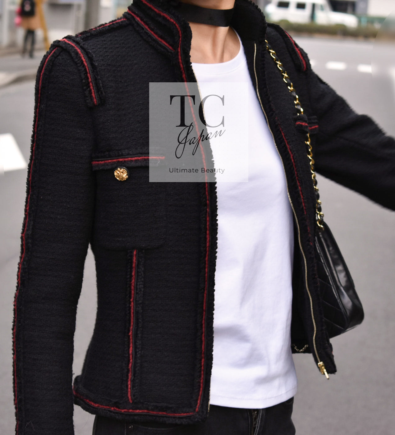 CHANEL Jacket 09PF Black Red Trim Wool Zipper Tweed | TW