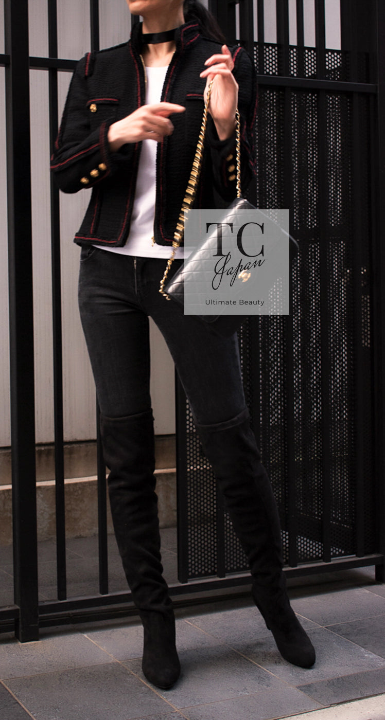 CHANEL 09PF Black Red Trim Moscow Wool Tweed Jacket 34 40 42 シャネル ブラック レッド トリム ロマノフ ウール ツイード ジャケット 即発