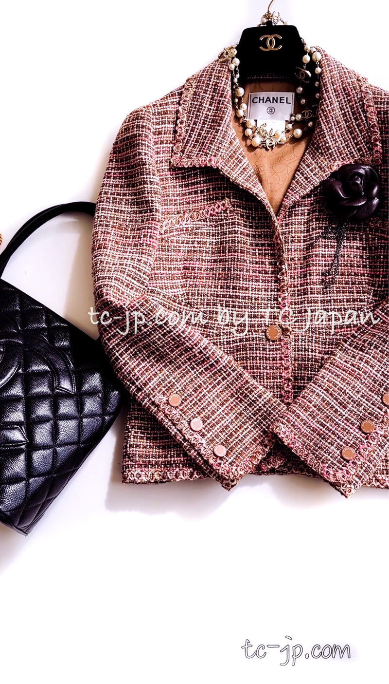 CHANEL 03S Brown Pink Linen Cotton Tweed Jacket 38 シャネル ブラウン ピンク コットン ツイード ジャケット 即発