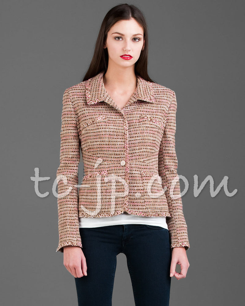 CHANEL 03S Brown Pink Linen Cotton Tweed Jacket 38 シャネル ブラウン ピンク コットン ツイード ジャケット 即発