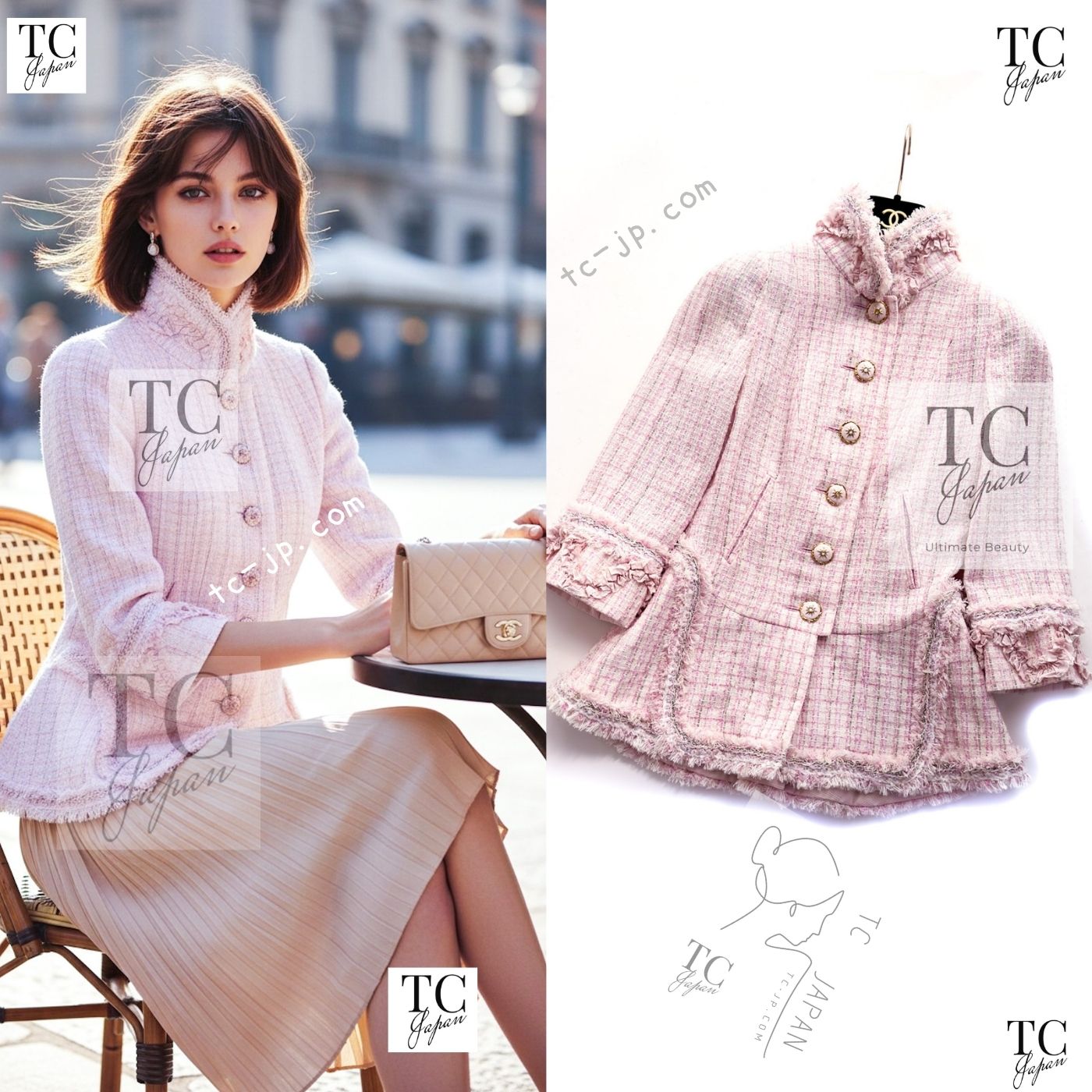 CHANEL 13C Pale Pink Stand Color Tweed Jacket 34 シャネル ペール ピンク スタンドカラー ジャケット 即発