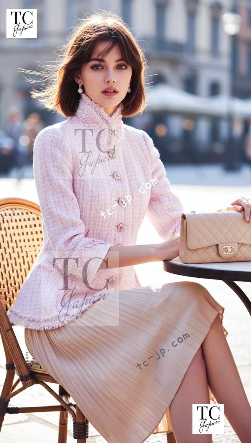 CHANEL 13C Pale Pink Stand Color Tweed Jacket 34 シャネル ペール ピンク スタンドカラー ジャケット 即発 - TC JAPAN
