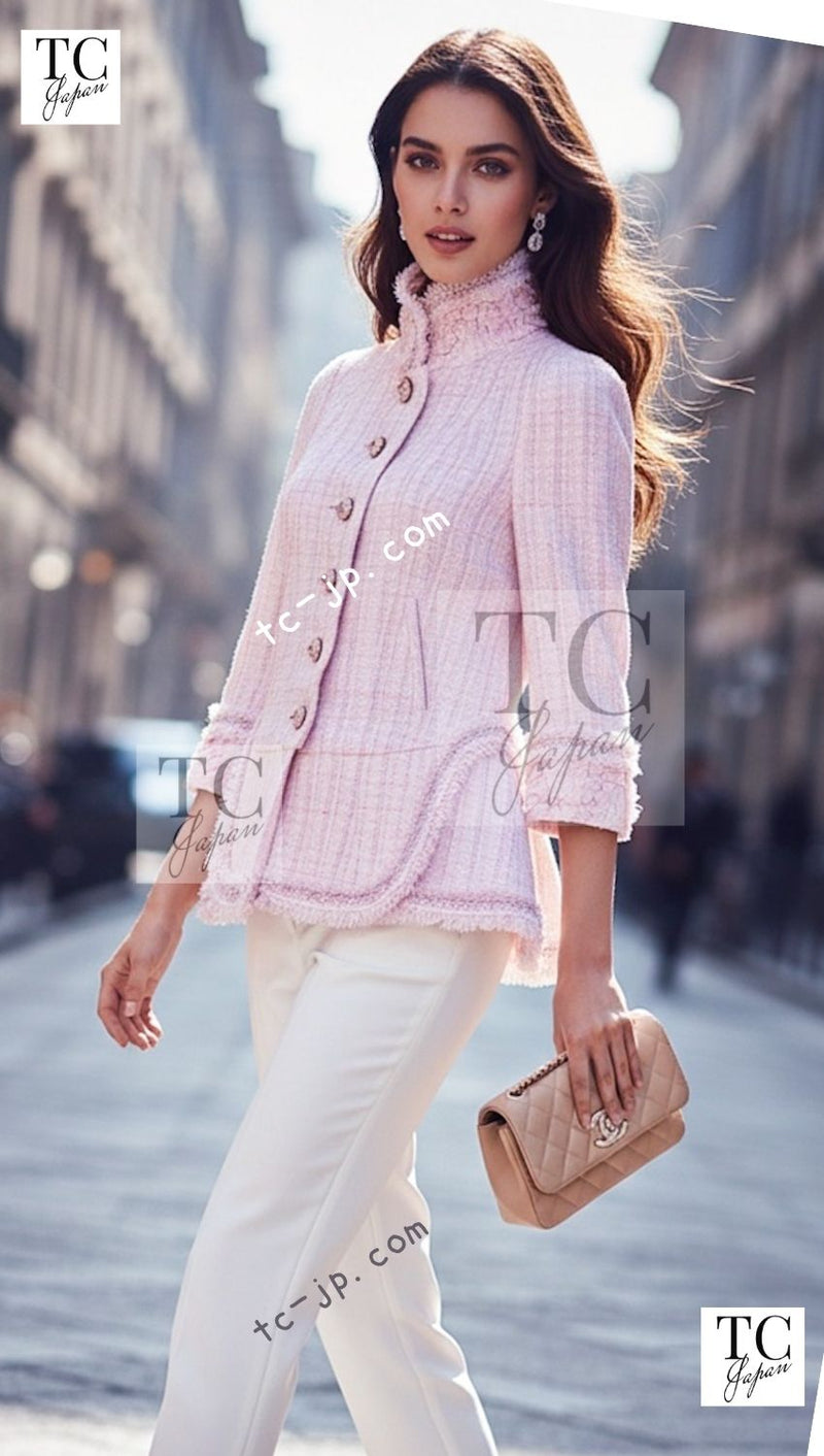 CHANEL 13C Pale Pink White Stand Color Tweed Jacket 34 シャネル ペール ピンク ホワイト スタンドカラー ジャケット 即発