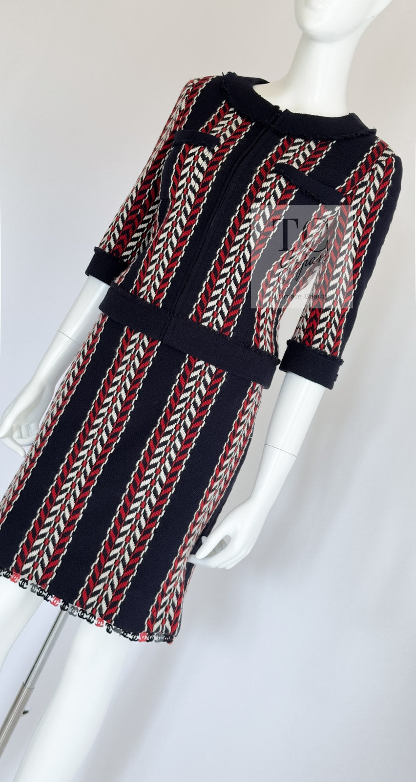 CHANEL 04A Red Navy Tricolor Zipper Tweed Jacket Skirt Suit 36 シャネル レッド ネイビー トリコロール ツイード ジャケット スカート スーツ 即発