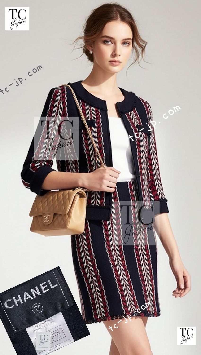 CHANEL Jacket Skirt Suit 04A Red Navy Tricolor Zipper Tweed 36 for