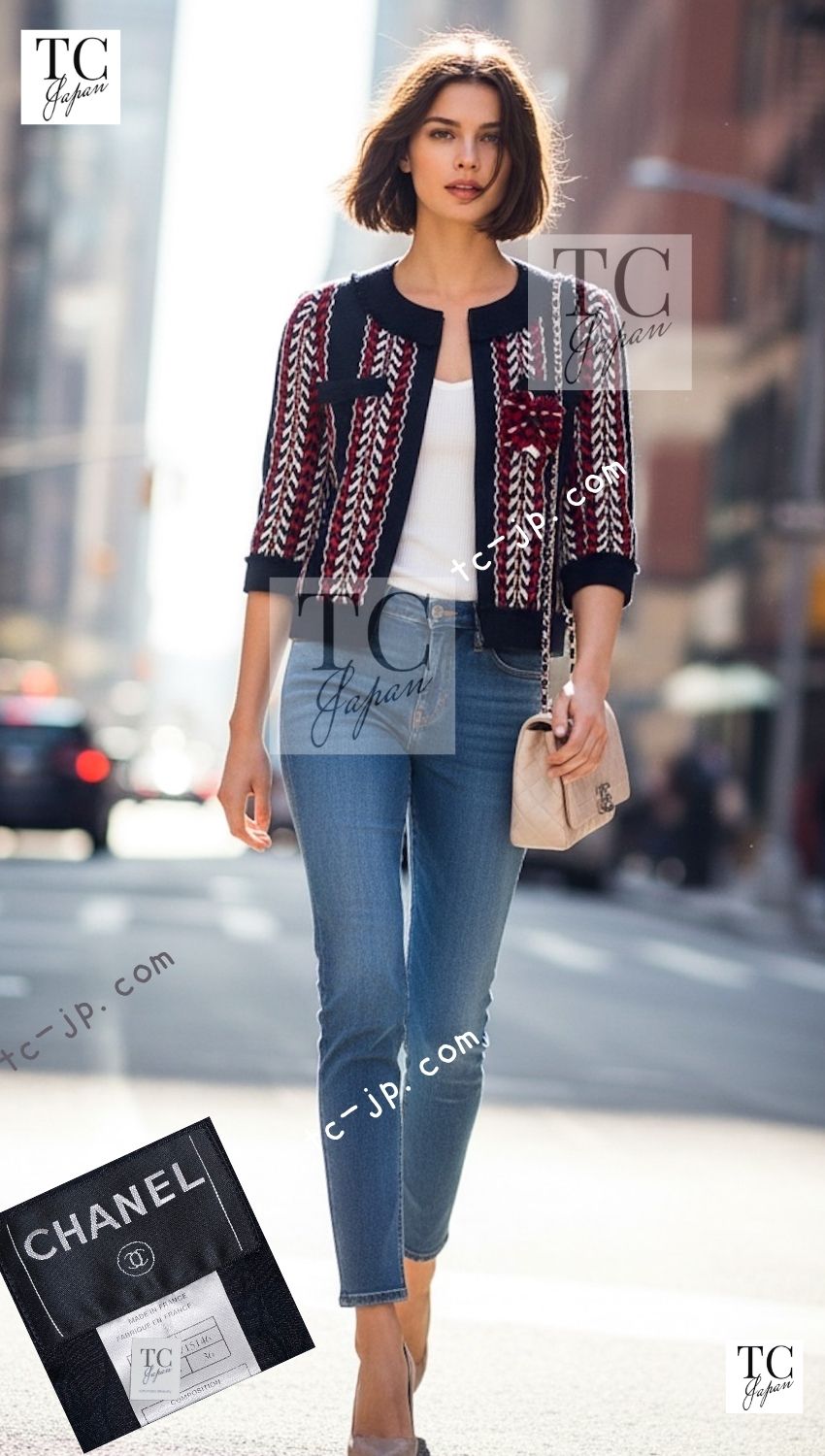 CHANEL Jacket Skirt Suit 04A Red Navy Tricolor Zipper Tweed 36 for